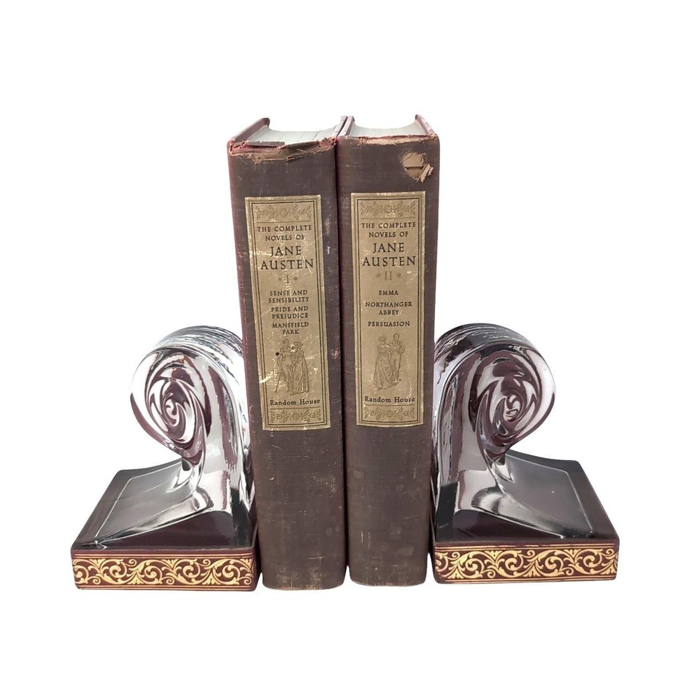 VTG Art Deco Style Clear Glass Scroll /‎ Wave Bookends Pair Set Heavy